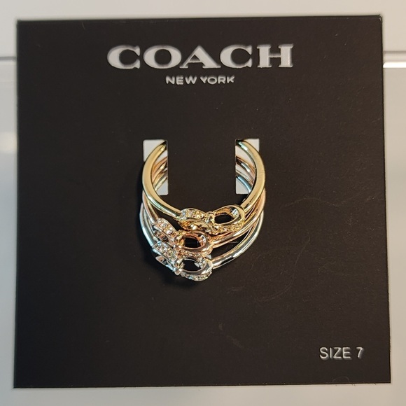Coach Signature “C” Tri-Tone Polished Pave Ring Set of 3 sz 7 - Picture 5 of 7